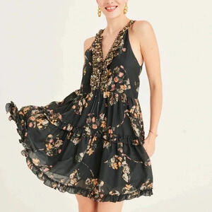 Secret Mission Boutique Gray floral ruffled tiered Organic Cotton dress Medium